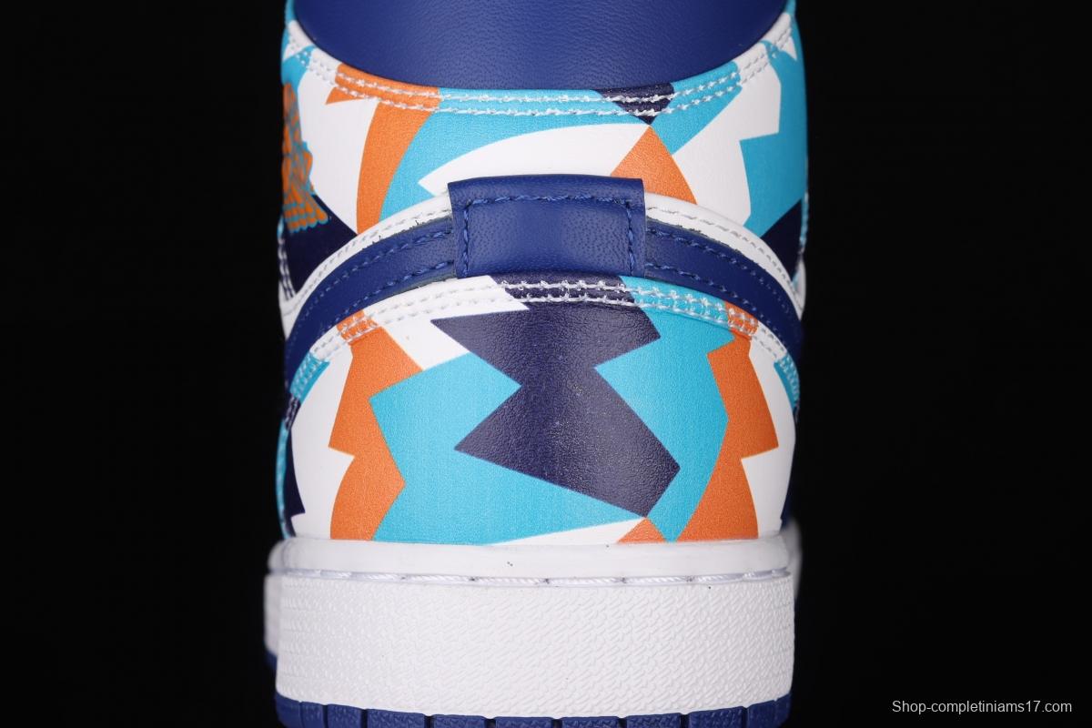 Air Jordan 1 Mid geometrical white and blue Zhongbang basketball shoes 555112-105