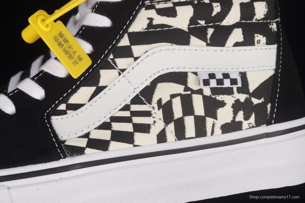 Vans Sk8-Hi black and white checkerboard lattice side stripes high-top casual board shoes VN0A5FCC9CU