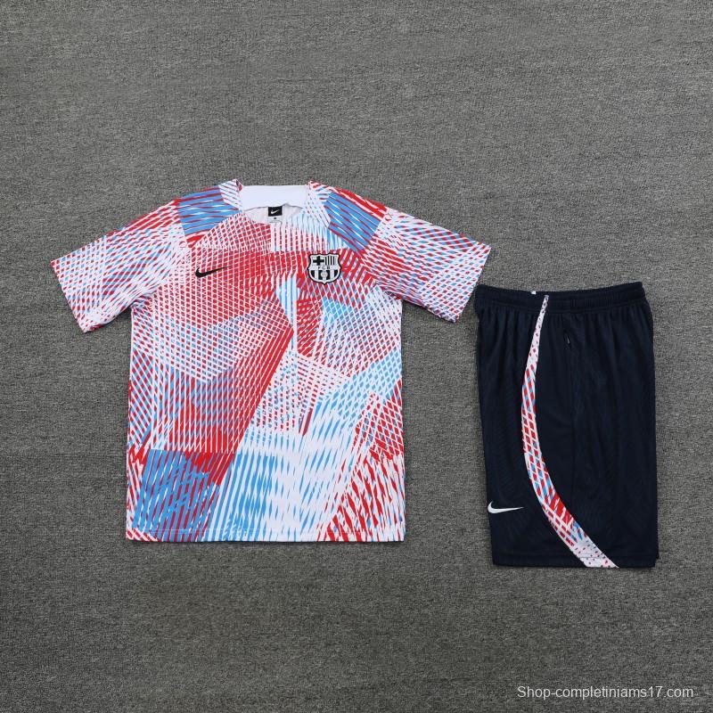 23 24 Barcelona White Red Stripe Short Sleeve+Shorts