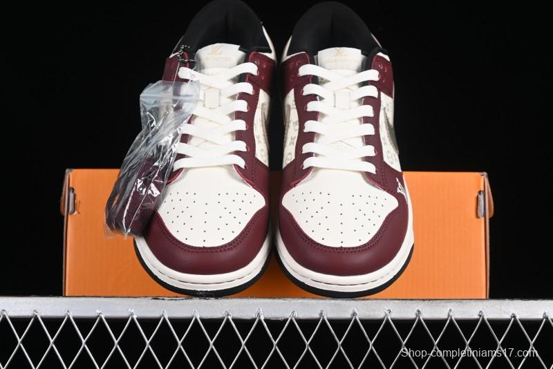 Louis Vuitton x Nike Dunk Low Customized Sneakers - Burgundy with Silver Swoosh SB Low Top Casual Skate Shoes - FC1688-188