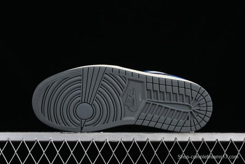 Nike Air Jordan 1 Low Flight Vintage Casual Sneakers with Distressed White-Blue Design - FV8439-104