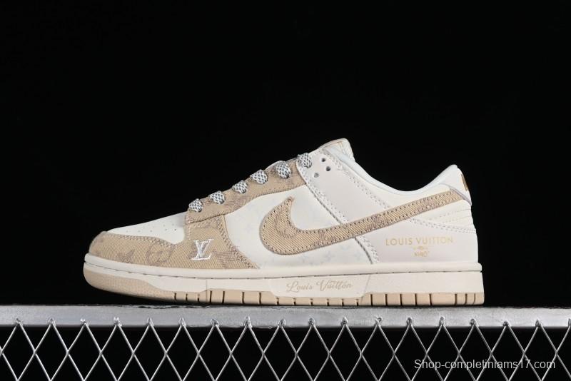 Nike SB Dunk Low LV Collaboration - Khaki Denim Anniversary High-End Custom Low-Top Casual Skate Shoes - XP3802-337