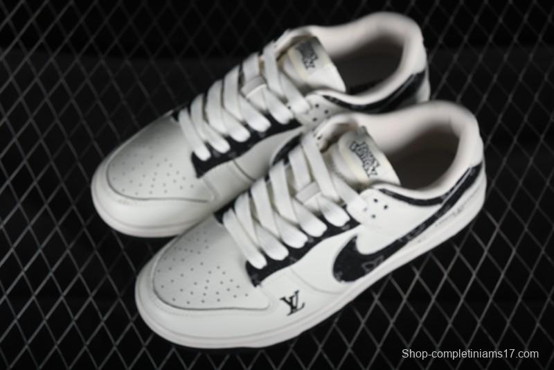 Nike SB Dunk Low LV Collaboration - Beige Black Denim Floral Anniversary High-End Custom Low-Top Casual Skate Shoes - XB3802-358