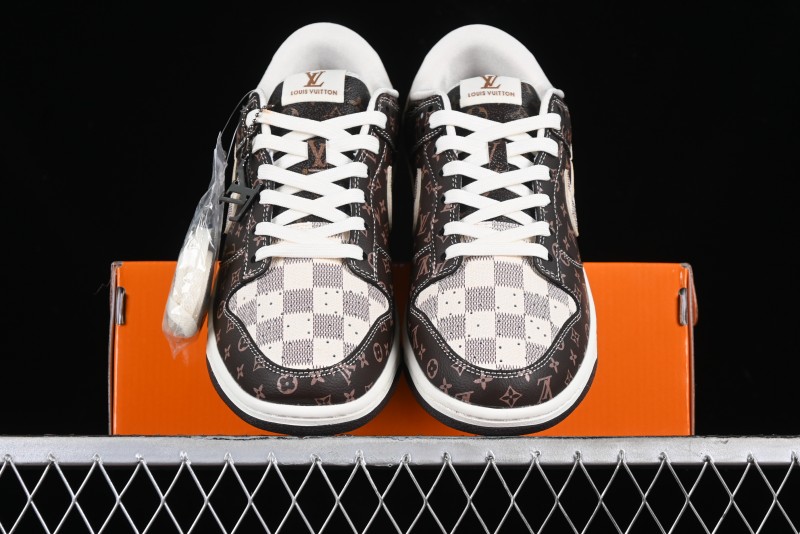 Nike SB Dunk Low LV Collaboration - Checkerboard Brown Monogram White Swoosh Anniversary High-End Custom Low-Top Casual Skate Shoes - SJ2068-255