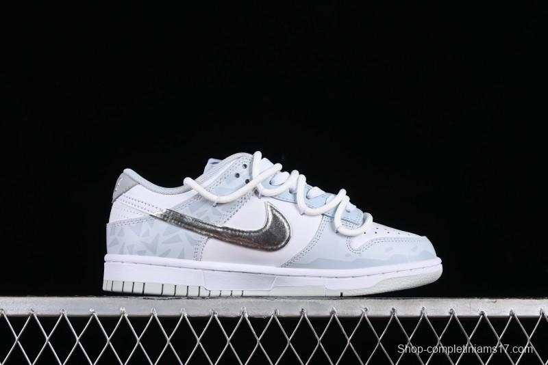 Nike Dunk Low Retro SB Casual Skate Shoes in Light Grey Blue with Silver Swoosh and Deconstructed Straps - HF0730-160