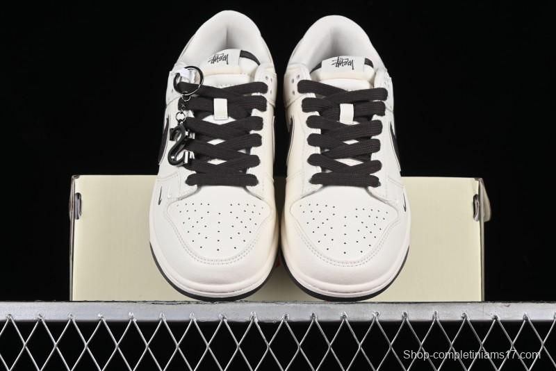 Stussy x Nike SB Dunk Low Anniversary Customized Casual Sneakers in Off-White Black Swoosh - DQ1098-378