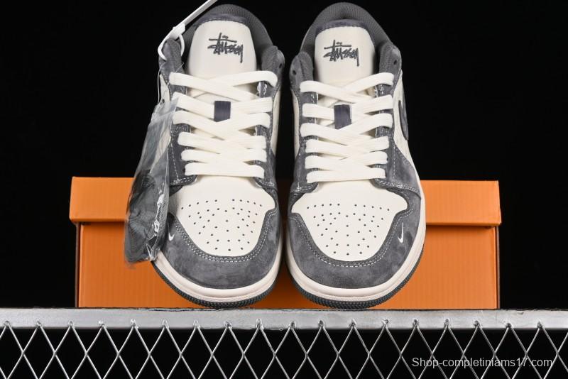 Nike Air Jordan 1 Low AJ1 Stussy Collaboration - Grey Pigskin Custom Low-Top Basketball Shoes - SJ9950-010