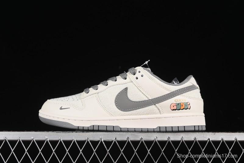 Nike SB Dunk Low Gucci Collaboration Anniversary High-End Custom Sneakers in Off-White & Dark Gray Swoosh - DQ1098-383