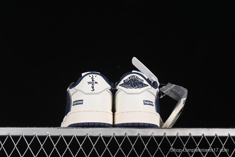 Nike Travis Scott x Fragment Design x Air Jordan 1 Low OG SP AJ1 Supreme Collaboration - Dark Blue Swoosh Low-Top Casual Sneakers - XZ2268-001
