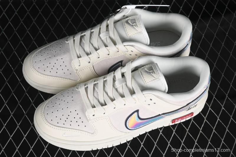 Nike SB Dunk Low Supreme x Stussy Triple Collaboration - Beige Silver Swoosh Anniversary Custom Low-Top Casual Skate Shoes - KK1333-005