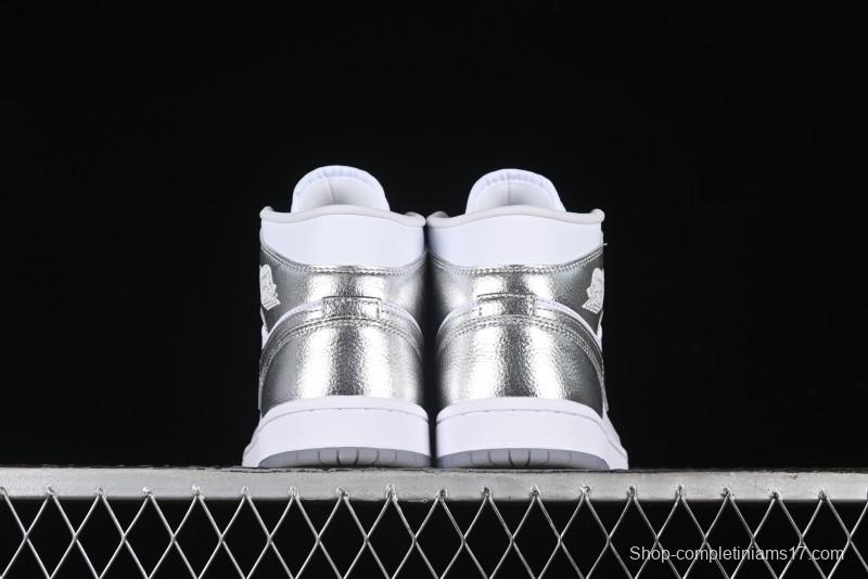 Nike Air Jordan 1 Mid Basketball Shoes Silver White - FN5031-100