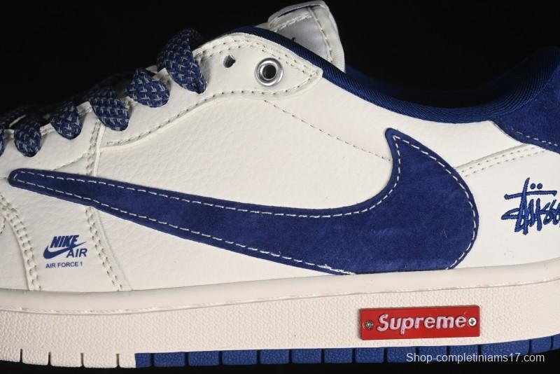 Nike Travis Scott x Fragment Design x Air Jordan 1 Low OG SP AJ1 Supreme Stussy Collaboration - Suede Blue Swoosh Low-Top Casual Sneakers - SJ2068-127