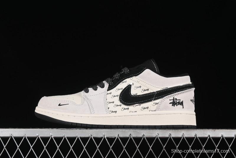 Nike Air Jordan 1 Low Stussy Collaboration - Silver Trim Black Swoosh Retro Basketball Shoes - SJ9950-026