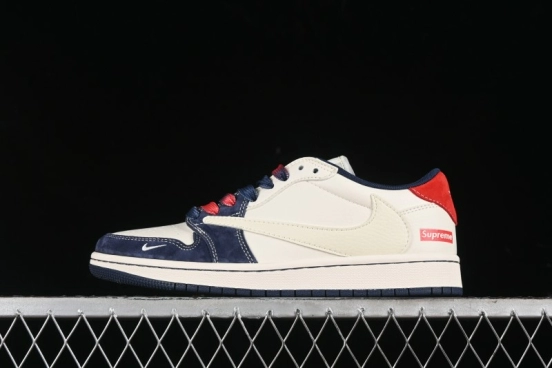 Nike Travis Scott x Fragment Design x Air Jordan 1 Low OG SP AJ1 Supreme Collaboration - Deep Blue Red Culture Casual Sneakers - XY2688-122