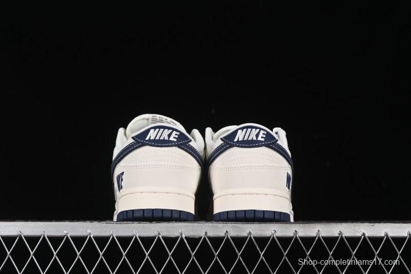 Nike SB Dunk Low Anniversary Premium Custom Low-Top Casual Skate Shoes in Off-White with Navy Blue Swoosh - SJ1089-004