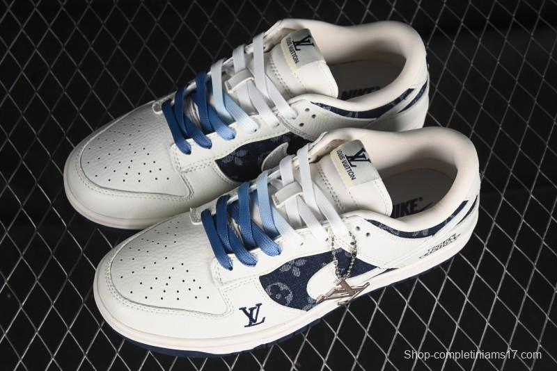 Nike SB Dunk Low LV Collaboration - Light Blue Denim Print Anniversary High-End Custom Low-Top Casual Skate Shoes - XB3802-359