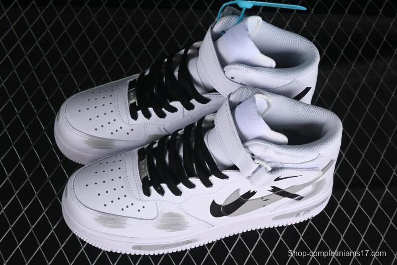 Nike Air Force 1 '07 Mid Casual Sneakers in White/Grey/Black with Hand-Painted Cracked Swoosh Shadow Detail - CW2289-111