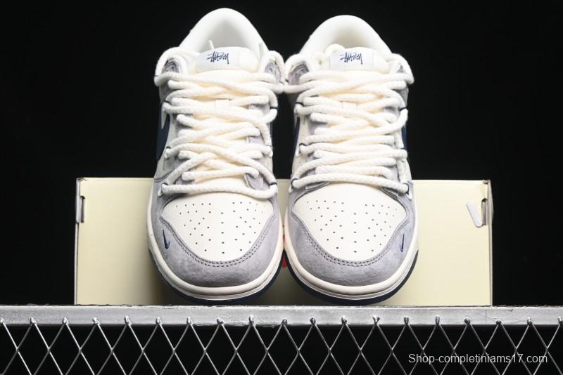 Nike SB Dunk Low Stussy Collaboration - Navy Blue Embroidery Swoosh Anniversary Custom Low-Top Casual Sneakers - SJ2068-296