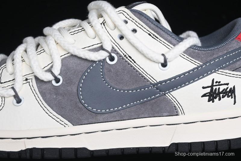 Nike SB Dunk Low Stussy Collaboration - Lace-Up Grey White Grey Check Anniversary High-End Custom Low-Top Casual Skate Shoes - YX5066-207
