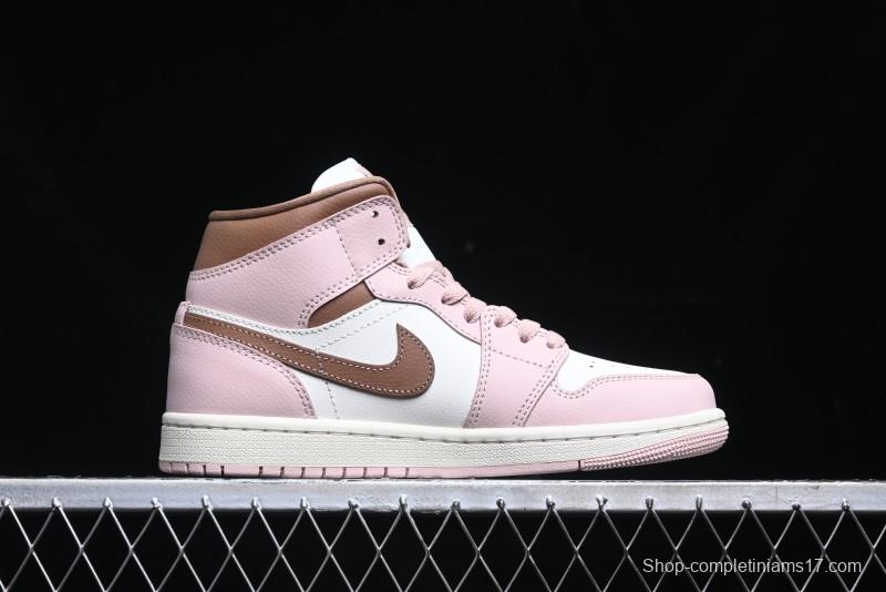 Nike Air Jordan 1 Mid AJ1 Basketball Shoes in Khaki Pink - BQ6472-620