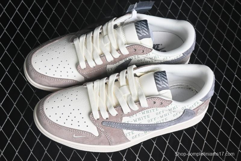 Nike Travis Scott x Fragment Design x Air Jordan 1 Low OG SP AJ1 OF Collaboration - Latte Grey Low Top Casual Sneakers - SJ2068-109