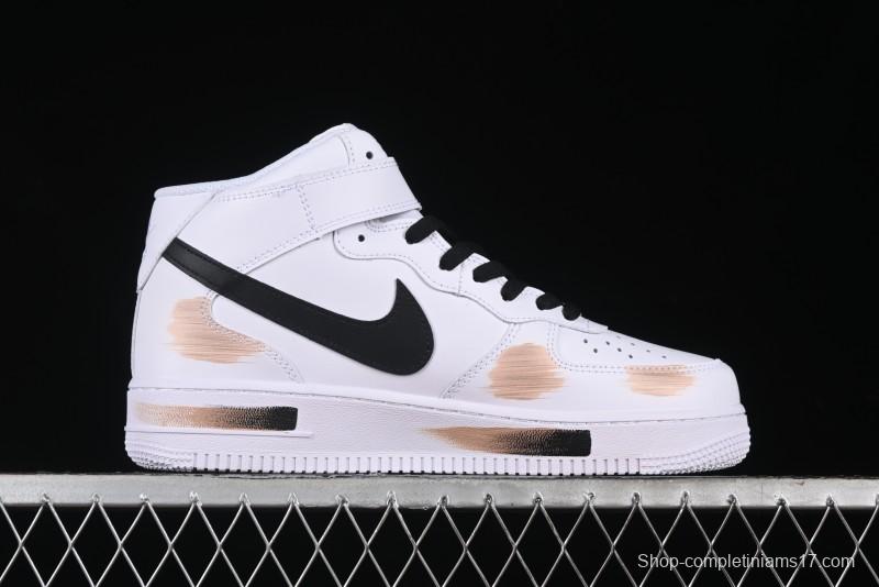 Nike Air Force 1 '07 Mid Hand-Painted White Black Brown with Swoosh Shadow Strap Mid-Top Casual Sneakers - CW2289-111