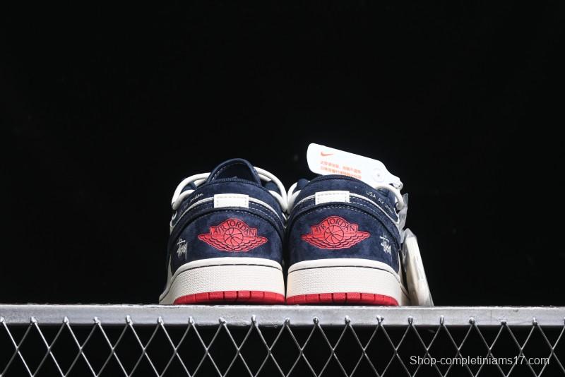 Nike Air Jordan 1 Low Stussy Collaboration - Blue Red Custom High-End Retro Basketball Shoes - SJ9950-049