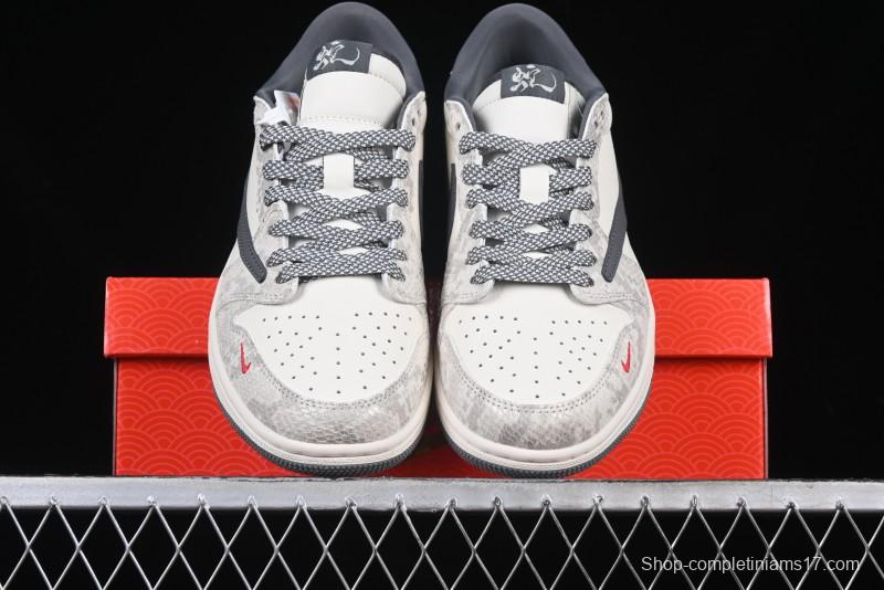 Nike Travis Scott x Fragment Design x Air Jordan 1 Low OG SP AJ1 Snake Year Limited Grey Snake Scale with Grey Swoosh Low-top Casual Sneakers - XS3086-009