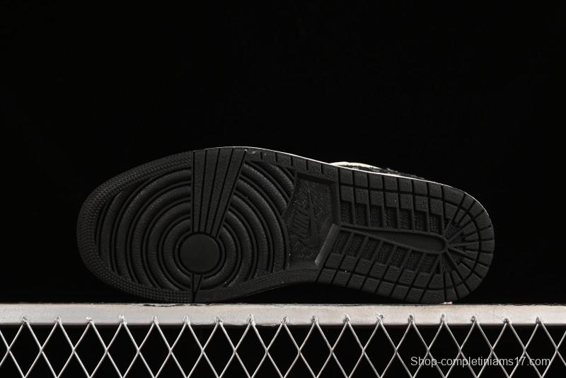 Nike Air Jordan 1 Low OG SP Travis Scott x Fragment Design Black Denim Print Casual Sneakers - SJ2068-005