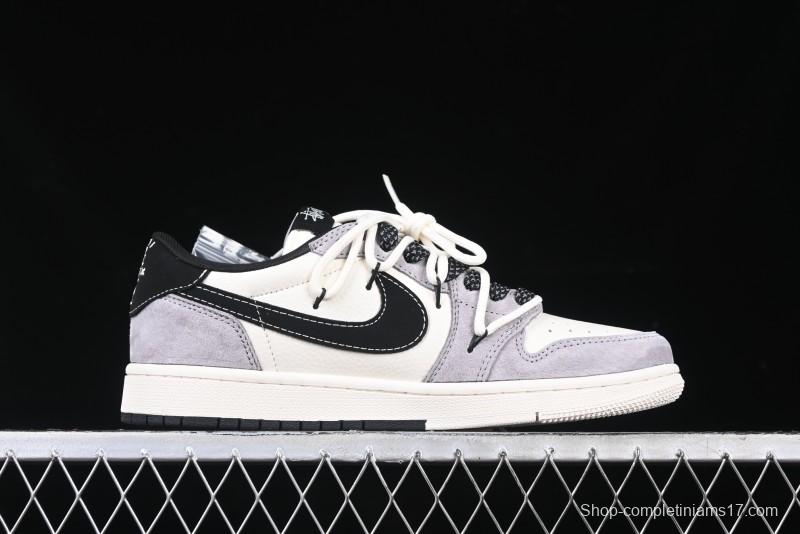 Nike Travis Scott x Fragment Design x Air Jordan 1 Low OG SP AJ1 Stussy Collaboration - Black Hook Dual-Tone Drawstring Low-Top Casual Sneakers - SJ0086-139