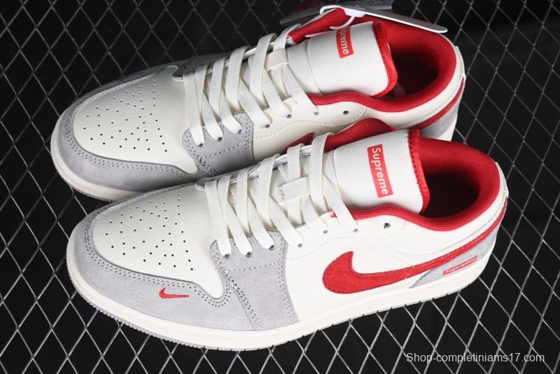 Nike Air Jordan 1 Low AJ1 Supreme Collaboration - White Grey Red Swoosh Retro Basketball Shoes - SJ9950-024