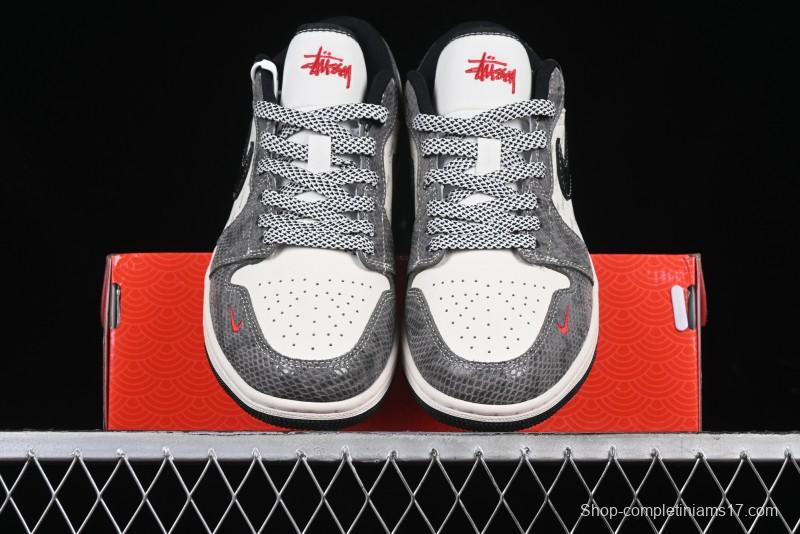 Nike Air Jordan 1 Low Retro Basketball Shoes with Custom Stussy Grey Snake Design - FC1688-202