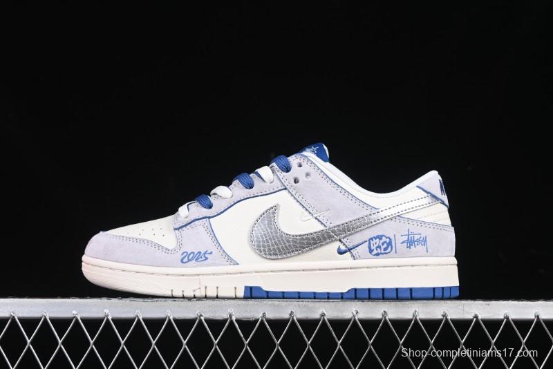 Nike SB Dunk Low Stussy Year of the Snake Collaboration Light Blue Silver Swoosh Anniversary Custom Low-Top Casual Sneakers - DM6868-010