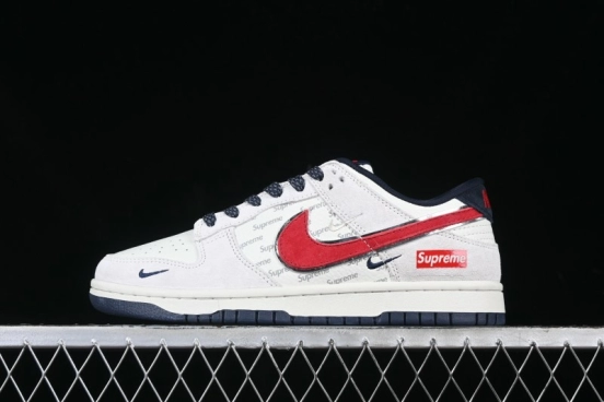 Nike SB Dunk Low Supreme Collaboration - Grey Pig Suede with Red Swoosh Anniversary Custom Edition Low-Top Casual Skate Shoes - CH8311-232