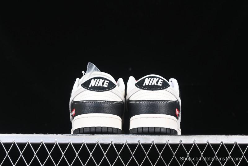 Nike SB Dunk Low Supreme Collaboration - Black Leather Texture Anniversary High-End Custom Low-Top Casual Skate Shoes - XS1086-020