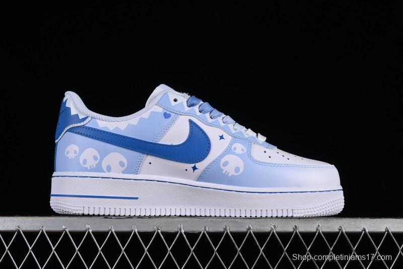 Nike Air Force 1 '07 Low Witch Collaboration Custom Leather Sneakers with Skull Design and Gradient White-Blue - CW2288-111