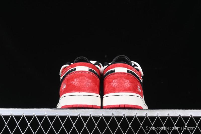 Nike Air Jordan 1 Low Stussy Collaboration - Black Red Custom High-End Retro Basketball Shoes - SJ9950-048