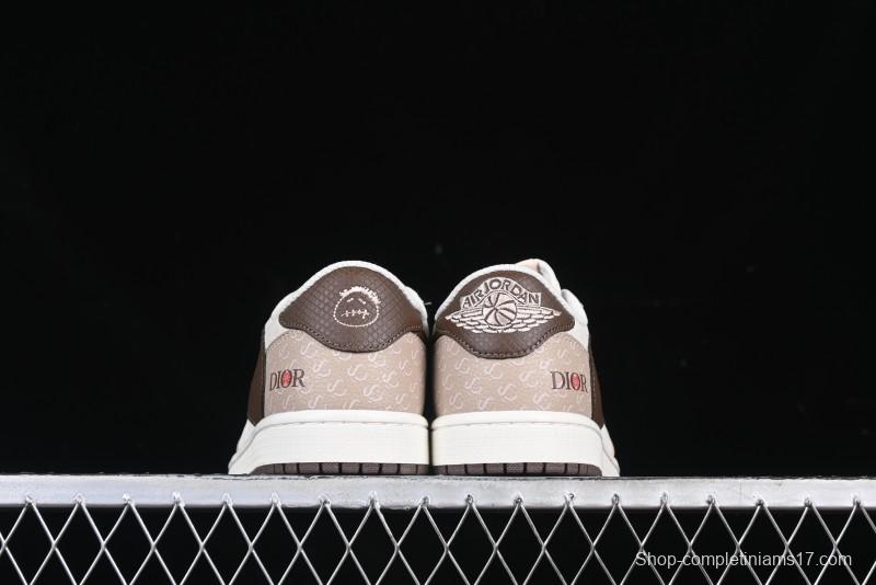 Nike Travis Scott x Fragment Design x Air Jordan 1 Low OG SP AJ1 Snake Year Limited Brown Snake Print Low Top Casual Sneakers - DM7866-074