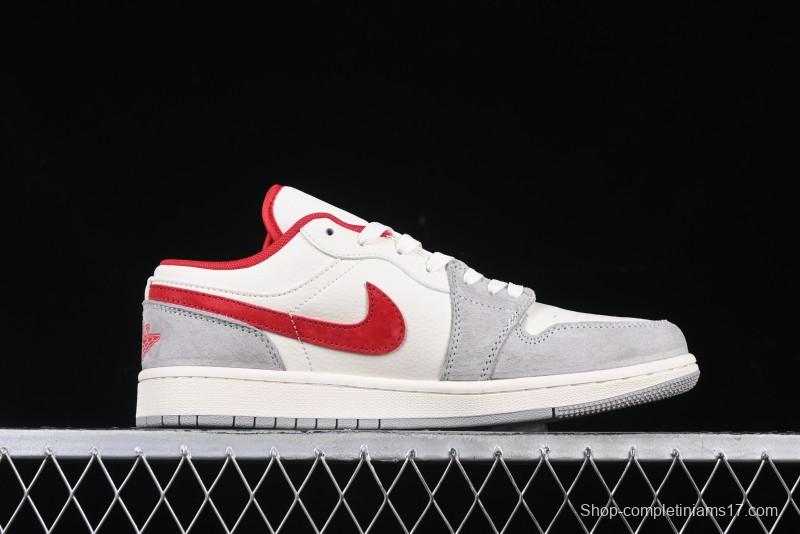 Nike Air Jordan 1 Low AJ1 Supreme Collaboration - White Grey Red Swoosh Retro Basketball Shoes - SJ9950-024