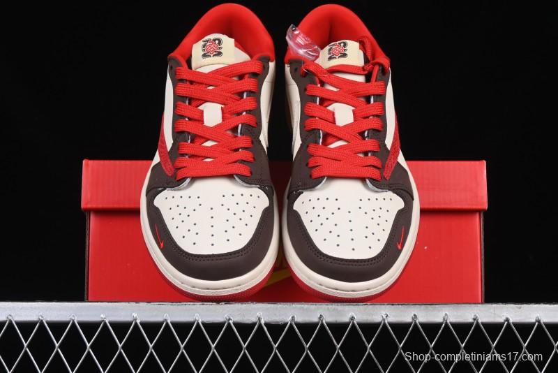 Nike Travis Scott x Fragment Design x Air Jordan 1 Low OG SP AJ1 Snake Year Limited Edition Snake Scale Red Hook Low Top Lifestyle Casual Sneakers - CH6336-020