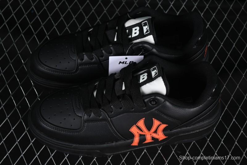 NY Yankees Black Leather Sneakers – Bold Orange Logo Edition