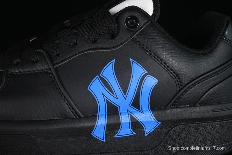 NY Yankees Black Leather Sneakers with Bold Blue Logo