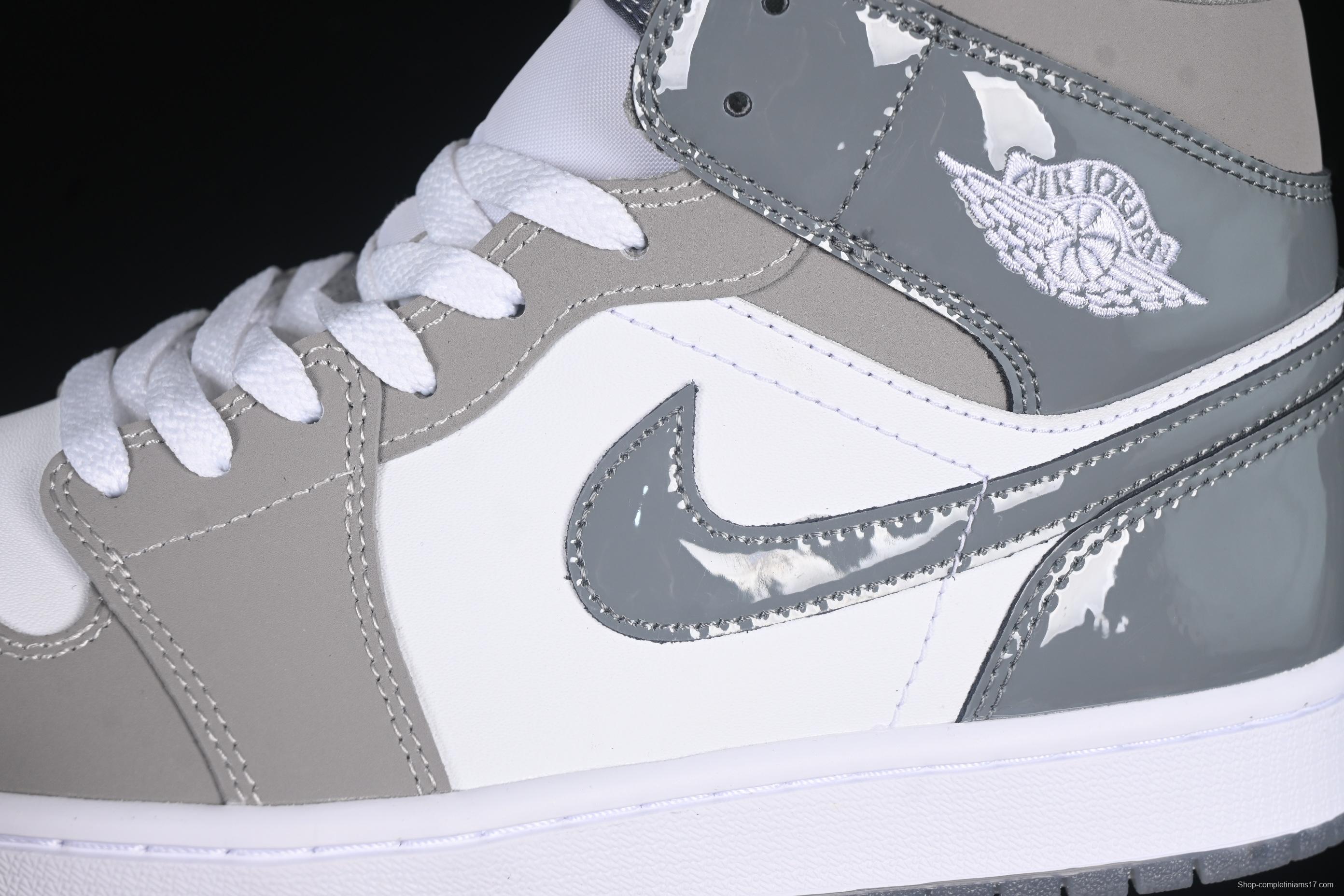 Nike Air Jordan 1 Mid Basketball Shoes in White Grey Patent Leather - HF3216-100