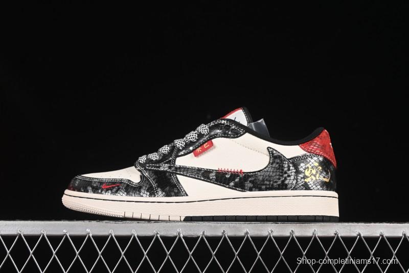 Nike Travis Scott x Fragment Design x Air Jordan 1 Low OG SP AJ1 Snake Year Limited Two-Tone Gloss Black Low-Top Casual Sneakers - YX5066-307