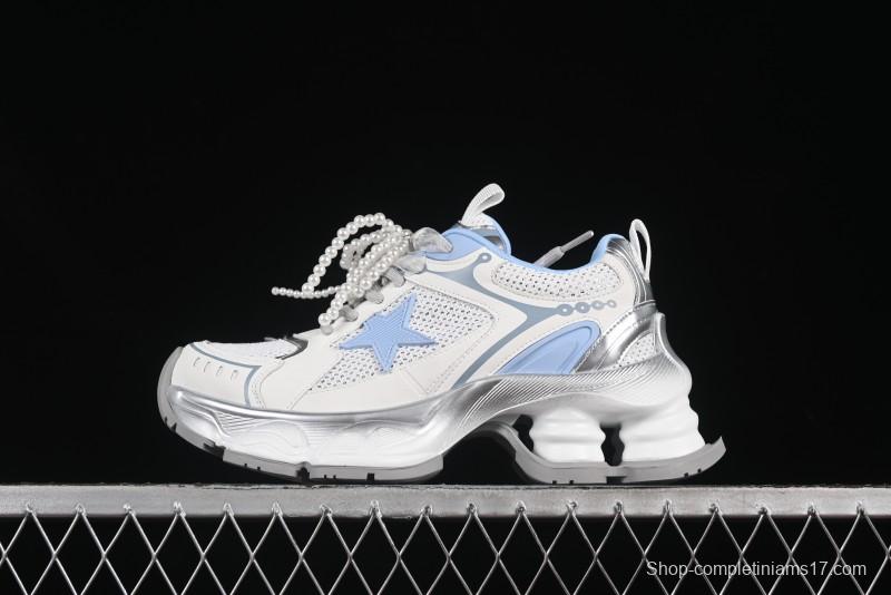 GG-CC Star Same Style Lace-Up Hollow Out Dad Shoes with 5cm Hidden Height Increase - G25X269 White Blue