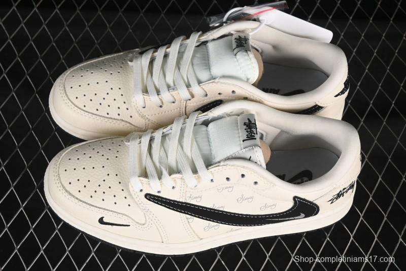 Nike Travis Scott x Fragment Design x Air Jordan 1 Low OG SP AJ1 Stussy Collaboration Black Beige Reverse Swoosh Low-top Casual Sneakers - XS2024-043