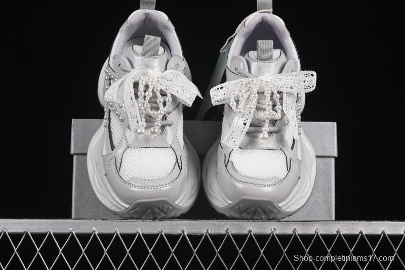 GG-CC Lace Pearl Chain Casual Platform Dad Shoes - 250310 Silver