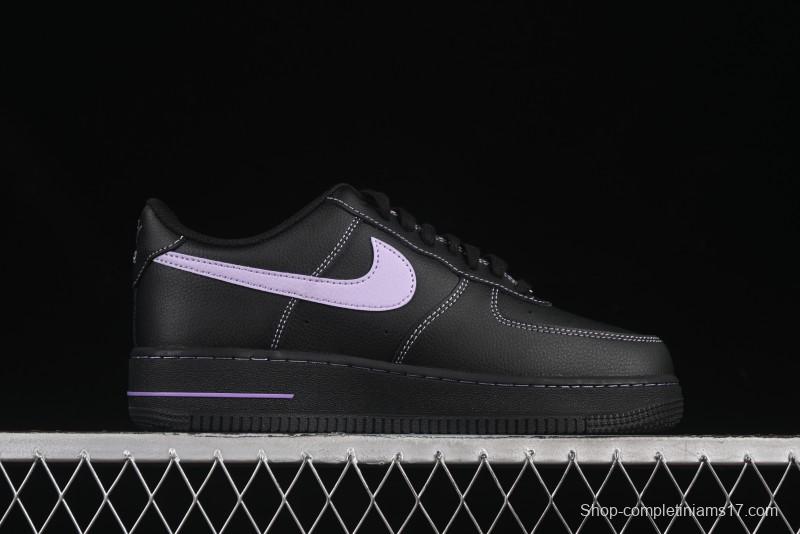 Nike Air Force 1'07 Low Casual Sneakers in Black with Purple Swoosh - HQ2037-001