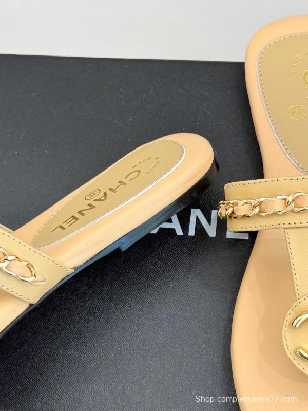 2025 Women Chanel Beige Lambskin Chain Toe Post Sandals KFY00250