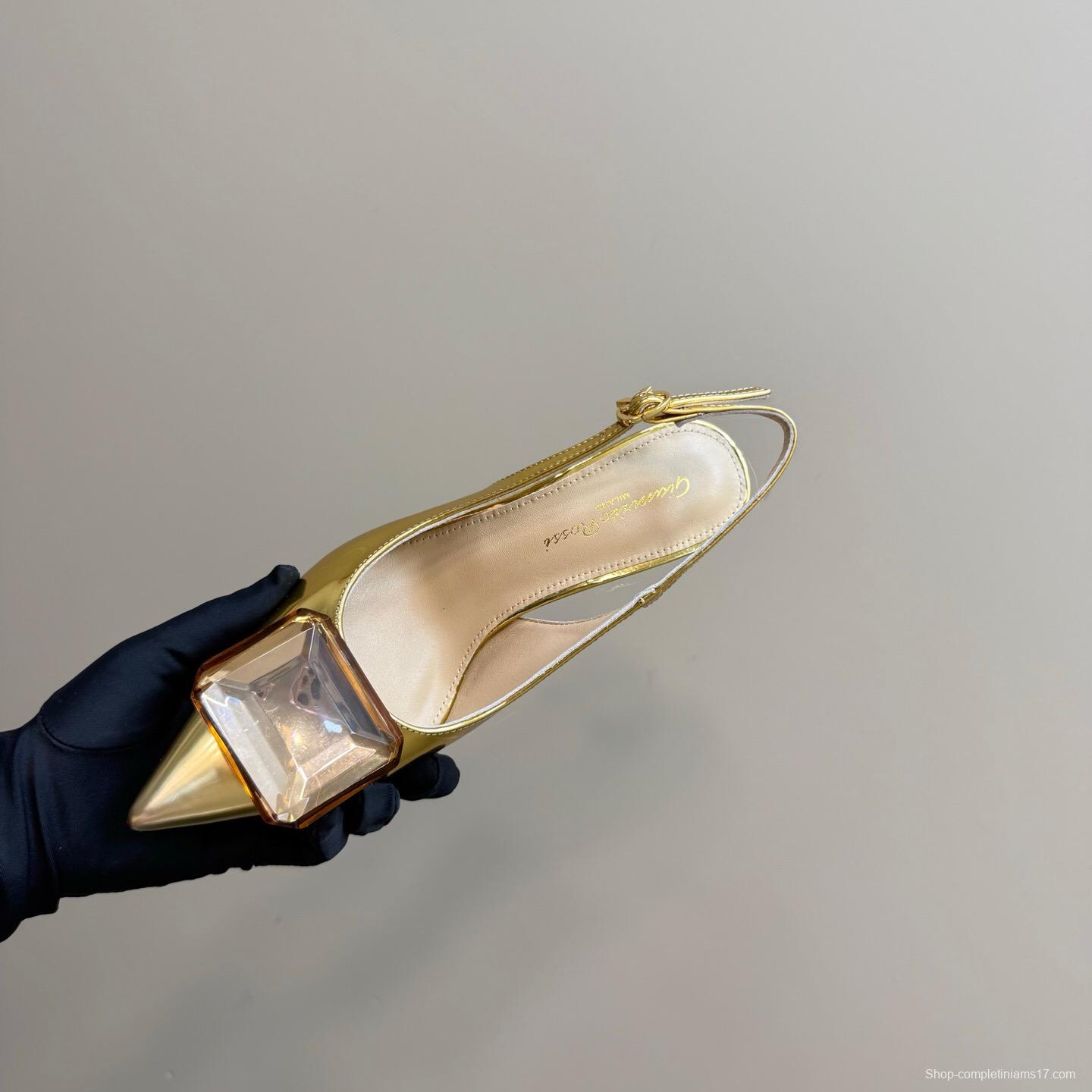 2025 Women Gianvito Rossi Gold Leather Slingback Gemstone KFY00300